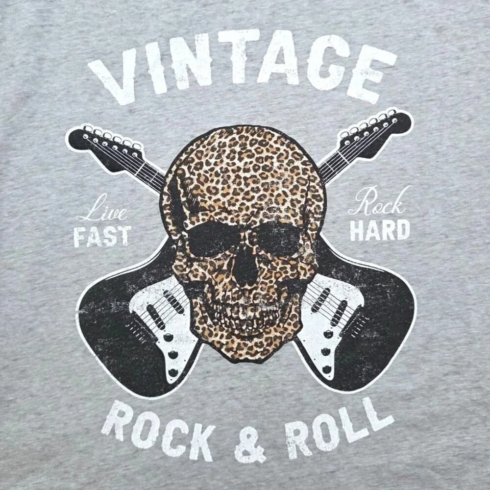 Wild Kiss Gray Vintage Rock & Roll Leopard Skull Graphic Tee Lace-Up Side Med - Picture 2 of 7